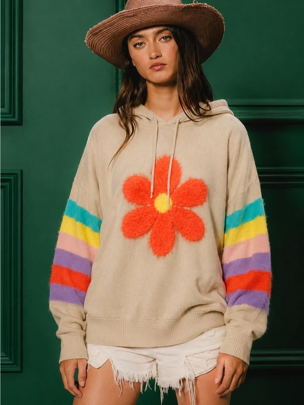 Beige Hoodie with Orange Daisy and Rainbow Striped Sleeves
